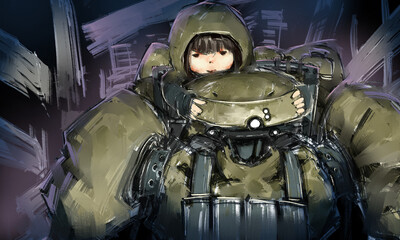 A heartwarming sci-fi illustration series depicting the bond between a young girl and a guardian robot in a post-apocalyptic world. Emotional storytelling through atmospheric scenes.