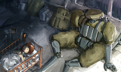 A heartwarming sci-fi illustration series depicting the bond between a young girl and a guardian robot in a post-apocalyptic world. Emotional storytelling through atmospheric scenes.