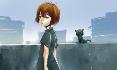 A heartwarming sci-fi illustration series depicting the bond between a young girl and a guardian robot in a post-apocalyptic world. Emotional storytelling through atmospheric scenes.