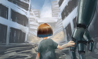 A heartwarming sci-fi illustration series depicting the bond between a young girl and a guardian robot in a post-apocalyptic world. Emotional storytelling through atmospheric scenes.