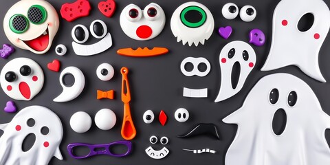 Flat lay of diverse cute ghost face parts for Halloween craft Various interchangeable eyes, mouths, and accessories,  simple, changeable