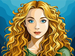 vector of Portrait of a beautiful young girl with very long curly blonde hair
