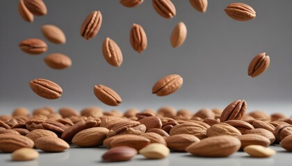 A dynamic composition of pecans falling on a surface, creating a rich, detailed display.