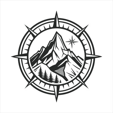 Adventure inspired mountain compass drawing in black and white.