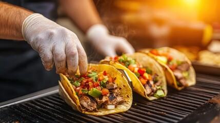 A close-up of a chef assembling delicious tacos with fresh ingredients, showcasing vibrant colors and textures on a grill.