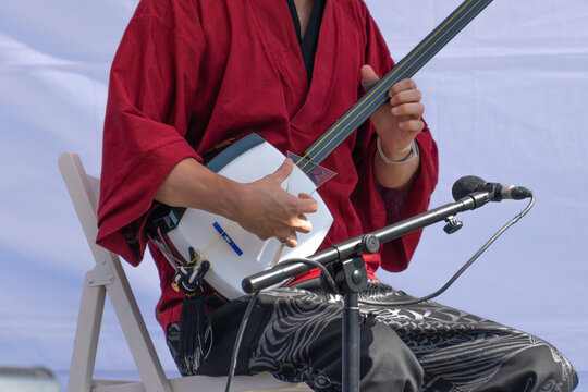 The musician plays the shamisen.