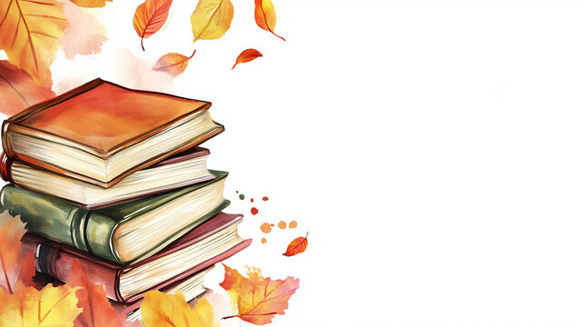 Vintage stacked books with autumn leaves in watercolor style  