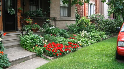 Naklejka premium Vibrant flowerbeds at the front of a house. Lush gardens, colorful blooms, and well-maintained landscaping