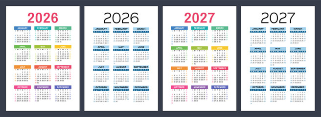 2026 and 2027 year calendar set. Color vector pocket calender design. Week starts on Sunday. January, February, March, April, May, June, July, August, September, October, November, December