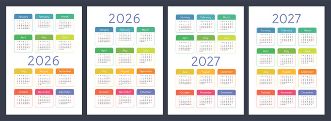 2026 and 2027 year calendar set. Color vector pocket calender design. Week starts on Sunday. January, February, March, April, May, June, July, August, September, October, November, December