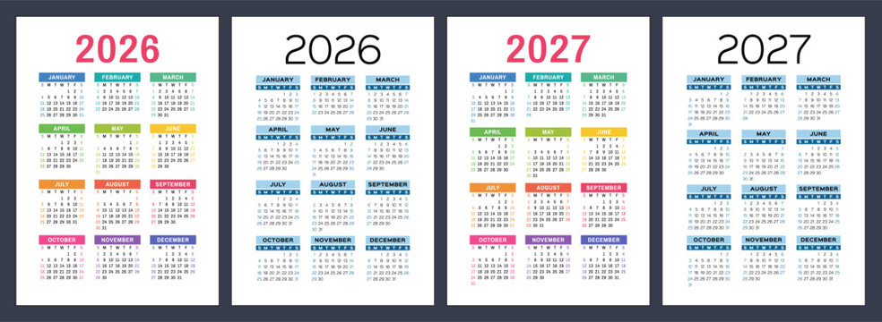 2026 and 2027 year calendar set. Color vector pocket calender design. Week starts on Sunday. January, February, March, April, May, June, July, August, September, October, November, December