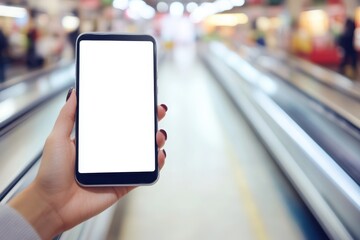 Smartphone in hand, blurred supermarket background