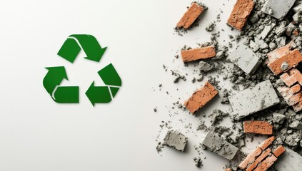 Green recycle symbol against broken bricks and cement