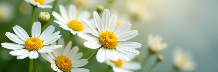 Fototapeta premium Fresh chamomile flowers with delicate petals and yellow centers, nature, plant