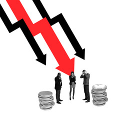 Conceptual art design. Three shocked people under arrows and coin stacks illustrating financial...