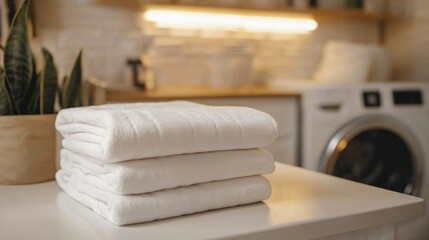 A stack of white towels on a counter in a kitchen