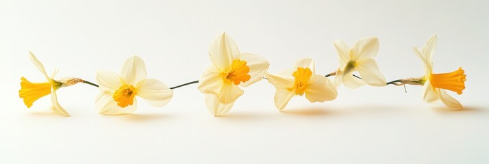 A line of delicate yellow daffodils with orange centers