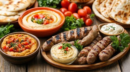 Assorted Middle Eastern dishes.  Hummus, grilled kebabs, pita bread, and colorful dips