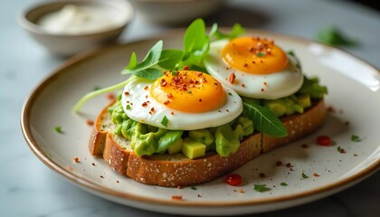 Delicious Avocado Toast with Fried Eggs and Seasoning for a Healthy Breakfast