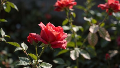 Red roses blooming in a vibrant garden background  