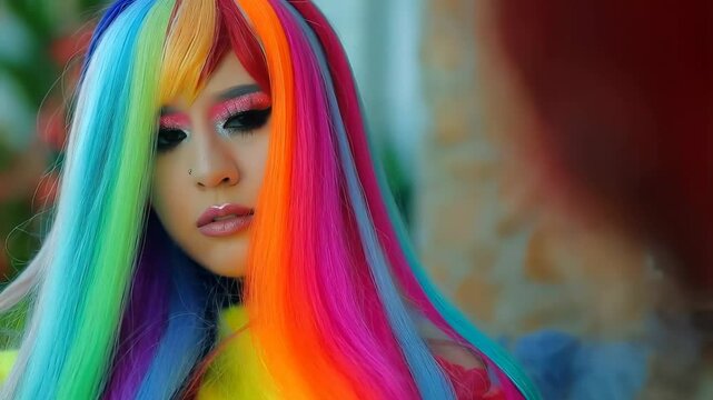 Close-up of glamorous drag queen with long vibrant rainbow hair, dramatic eye makeup and glossy lips, posed outdoors in soft natural light with plants in the background. Concept of LGBTQ