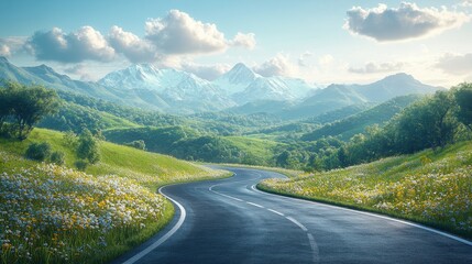 Fototapeta premium Serene Curved Road Through Lush Green Valley and Majestic Mountains