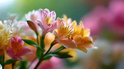 Fototapeta premium Beautiful bouquet of alstroemeria flowers delicate pastel colors soft focus nature photography pretty 
