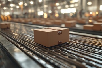 Single Cardboard Box on Conveyor Belt in Industrial Warehouse Setting