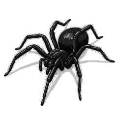 Realistic black spider illustration on white background.