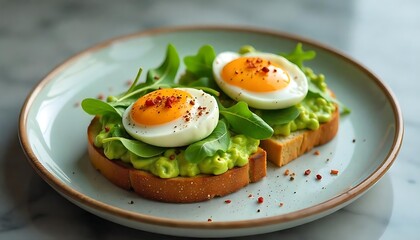 Delicious Avocado Toast with Poached Eggs and Arugula for a Healthy Breakfast