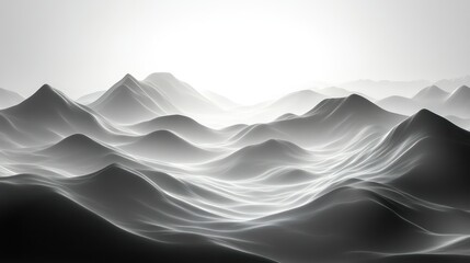 Monochrome mountain range displays hazy, rolling hills, exhibiting ethereal abstract landscape in neutral tones.