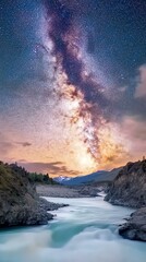 Naklejka premium Stunning night sky over flowing river and mountains