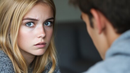 Close-up of a young woman and man engaged in a tense exchange.
