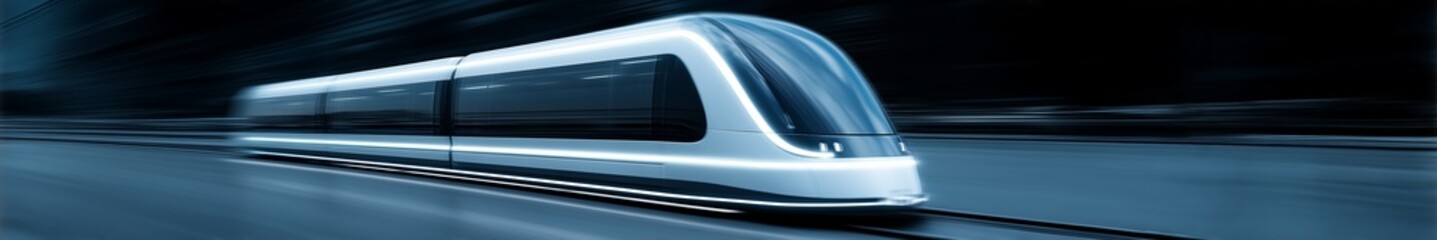 Obraz premium Sleek futuristic monorail in motion with dynamic lighting, blurred cityscape background, modern transportation concept.