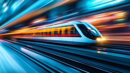 Fototapeta premium Sleek futuristic monorail in motion with dynamic lighting, blurred cityscape background, modern transportation concept.