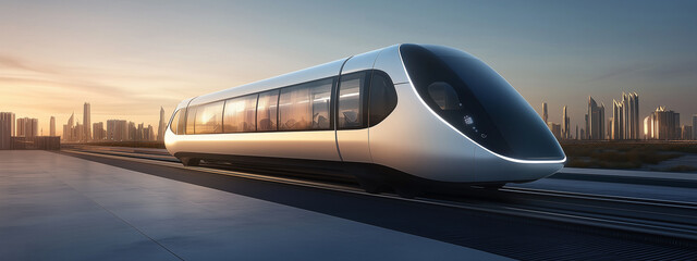 Fototapeta premium Sleek futuristic monorail in motion with dynamic lighting, blurred cityscape background, modern transportation concept.
