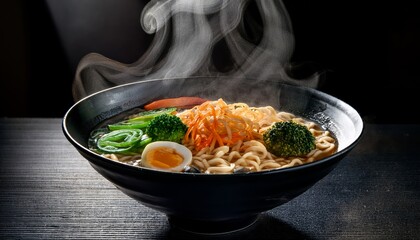 Steaming Bowl of Noodles with Vegetables on a wooden table