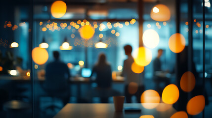 Blurred Background of People Working in a Modern Office at Night with Bokeh Lights