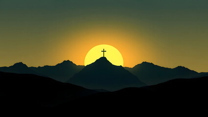 Obraz premium Sunset Silhouette of Cross on Mountain Peak Panoramic Landscape
