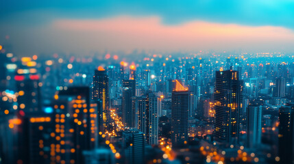 Obraz premium Futuristic cityscape with glowing neon lights and clean geometric architecture, soft ambient glow, abstract background with depth. 