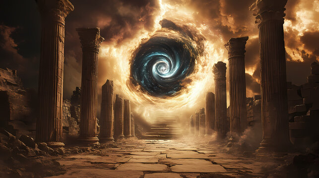 Mysterious swirling portal in ancient temple ruins surrounded by stone pillars at dusk creating an enchanting atmosphere. Portal Pillar. Illustration