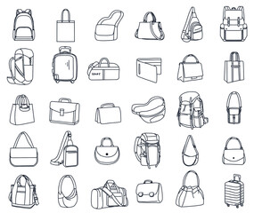 30 set of bags transparent background. vector illustration bags style line icons: Backpack, shoulder bag, wallet, sling bag, suitcase, handbag, tote bag, carrier, cross sling bag
