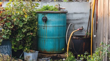 Obraz premium A backyard water tank setup with a non-functional pump and dry hoses, showing a common household issue.