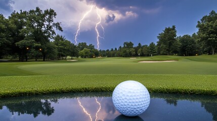 Golf ball in a pond on a golf course during a thunderstorm.  A dramatic lightning strike illuminates the sky above a lush green fairway