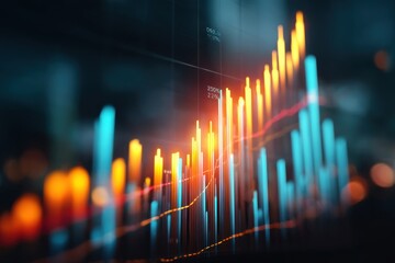 Abstract financial data visualization with vibrant orange and teal bars and lines against a dark background, representing growth and progress.