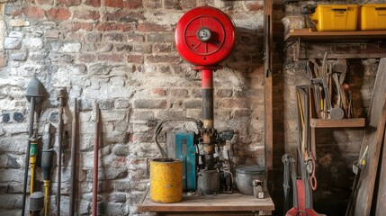 A cluttered utility area with a malfunctioning water pump surrounded by unused tools.