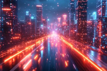 Neon city highway, futuristic night drive, glowing buildings, digital rain, video game background