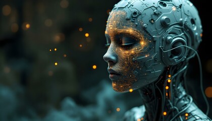 Digital human, brain connections, cyborg, android, AI, and quantum computing in a futuristic setting
