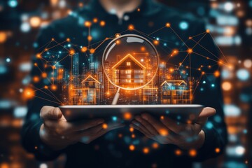 A person holds a tablet with a magnifying glass over a glowing house, surrounded by a network of connected homes