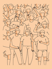 Group of people line drawing with simple color sketch vector illustration. Outline people relationship, business team, employees, diversity, togetherness, social concept.
